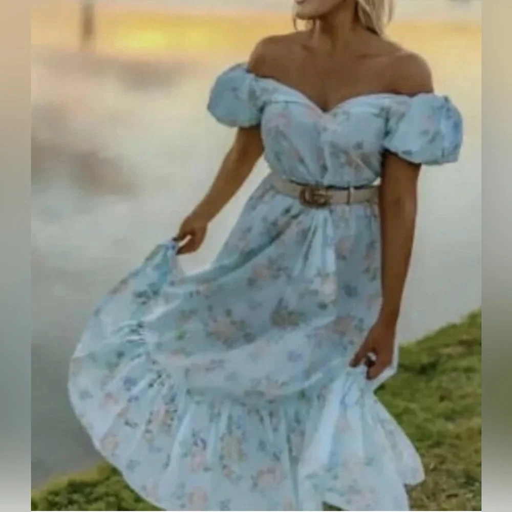 target blue and white floral dress Women's Floral Print Maxi Dress, Tie Strap Smocked TieBlue Flowy Summer Dress White Blue flowers M